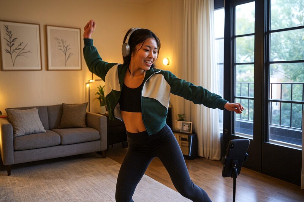 自宅でK-POPダンスを練習している若者のイメージ。スタイリッシュで楽しそうな雰囲気